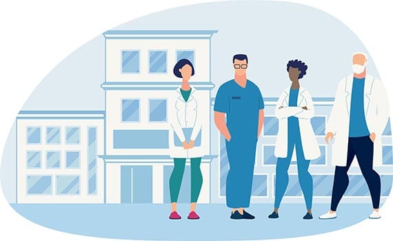 Illustration montrant 4 personnages de l'univers médical devant un hopital